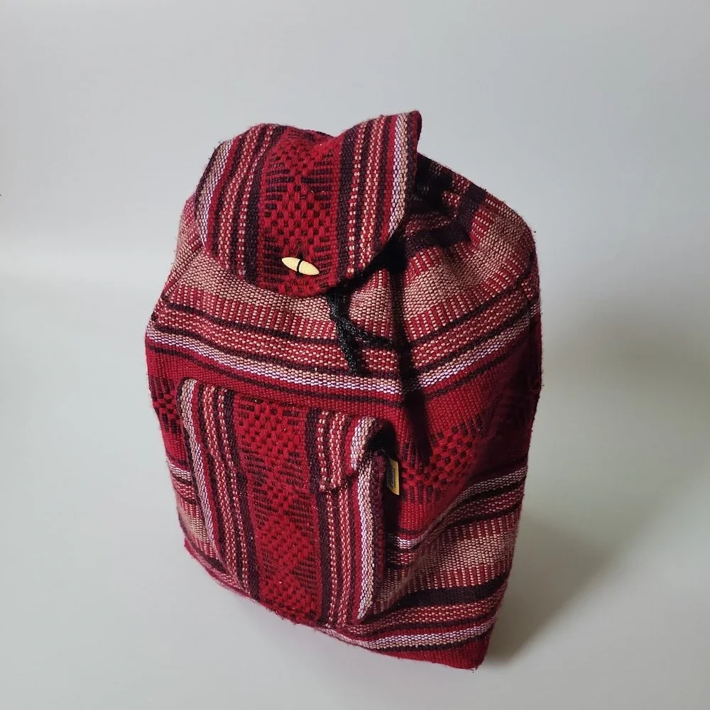 Pinzon Hippie Gear Backpack Burgundy Stripe Woven Textile Mexican Bag Bohemian